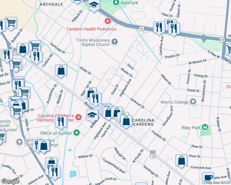 map of restaurants, bars, coffee shops, grocery stores, and more near 132 Highland Avenue in Sumter