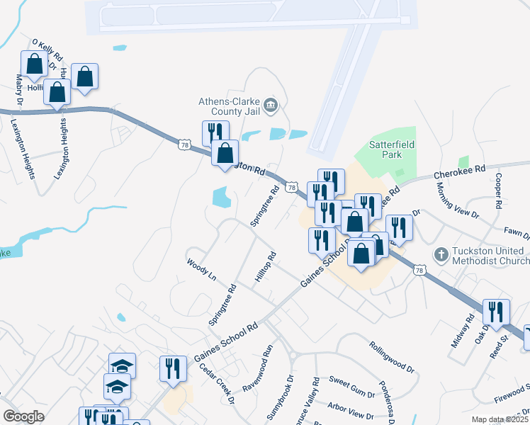 map of restaurants, bars, coffee shops, grocery stores, and more near 198 Mimosa Drive in Athens