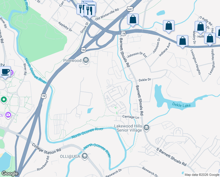 map of restaurants, bars, coffee shops, grocery stores, and more near 490 South Barnett Shoals Road in Athens