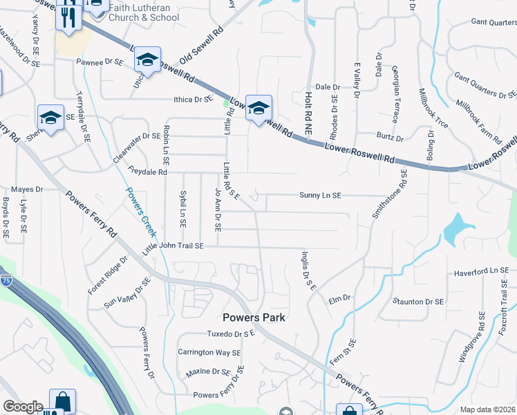 map of restaurants, bars, coffee shops, grocery stores, and more near 2452 Princess Lane Southeast in Marietta