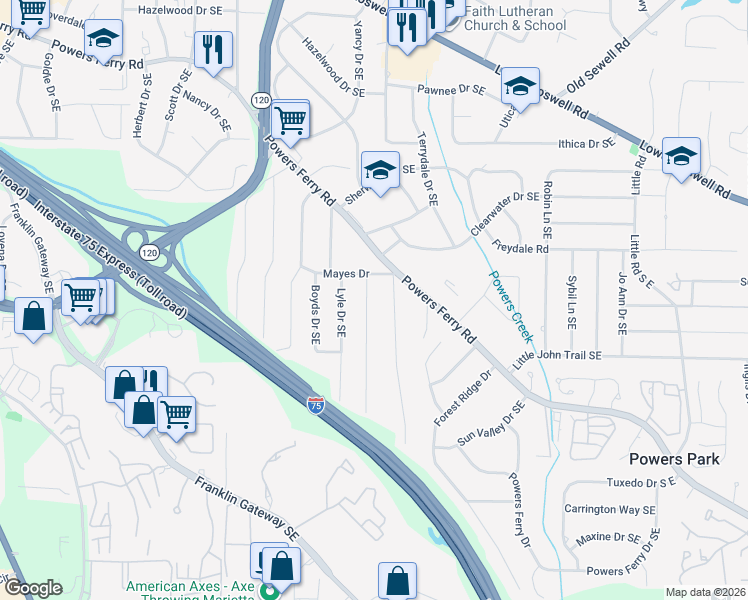 map of restaurants, bars, coffee shops, grocery stores, and more near 431 Oriole Drive Southeast in Marietta