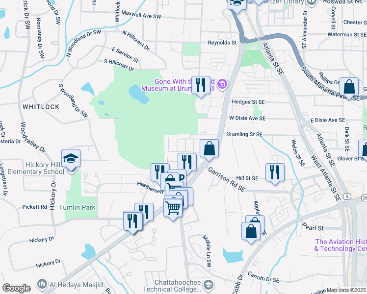 map of restaurants, bars, coffee shops, grocery stores, and more near 518 Coral Street in Marietta