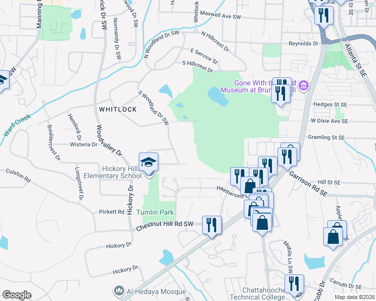 map of restaurants, bars, coffee shops, grocery stores, and more near 519 South Woodland Drive Southwest in Marietta