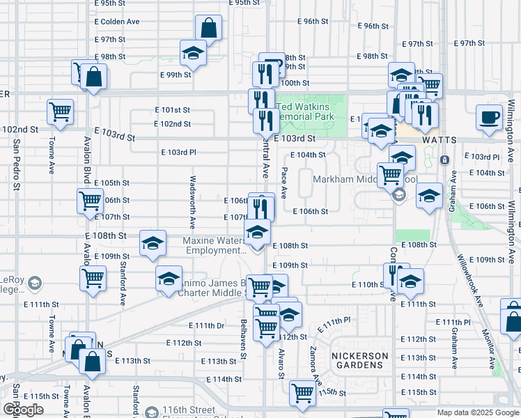map of restaurants, bars, coffee shops, grocery stores, and more near 10611 South Central Avenue in Los Angeles
