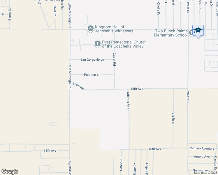 map of restaurants, bars, coffee shops, grocery stores, and more near 15th Avenue in Desert Hot Springs