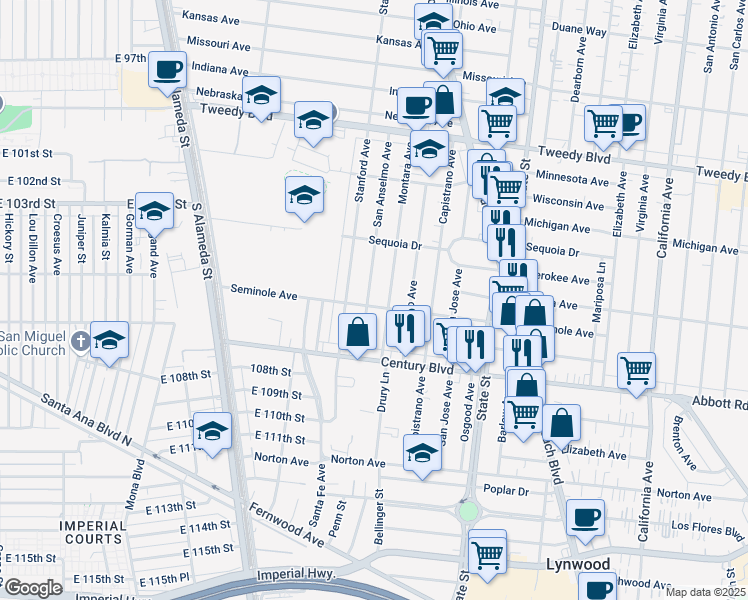 map of restaurants, bars, coffee shops, grocery stores, and more near 10520 Montara Avenue in South Gate