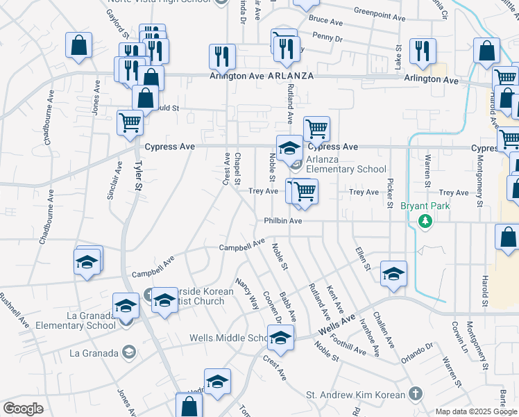 map of restaurants, bars, coffee shops, grocery stores, and more near 5749 Bee Jay Street in Riverside