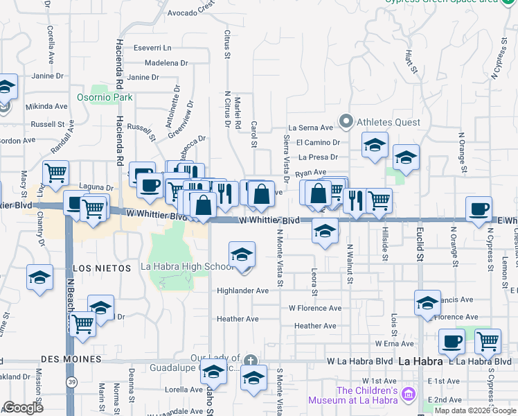 map of restaurants, bars, coffee shops, grocery stores, and more near 832 North Citrus Drive in La Habra