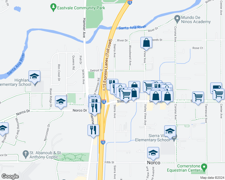 map of restaurants, bars, coffee shops, grocery stores, and more near 4010 Sierra Avenue in Norco