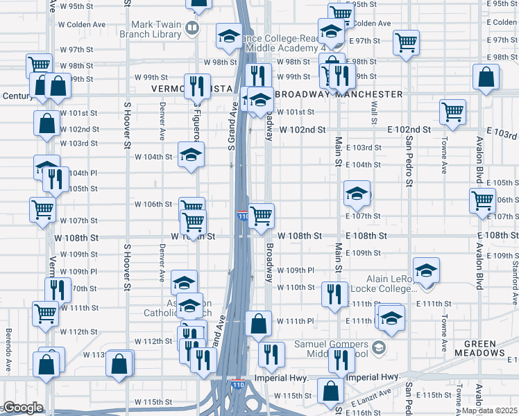 map of restaurants, bars, coffee shops, grocery stores, and more near 10611 South Broadway in Los Angeles