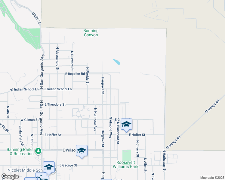 map of restaurants, bars, coffee shops, grocery stores, and more near 910 East Indian School Lane in Banning