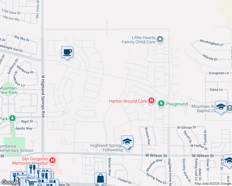 map of restaurants, bars, coffee shops, grocery stores, and more near Hillside Place in Banning