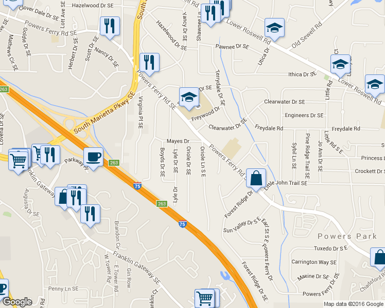 map of restaurants, bars, coffee shops, grocery stores, and more near 431 Oriole Dr SE in Marietta
