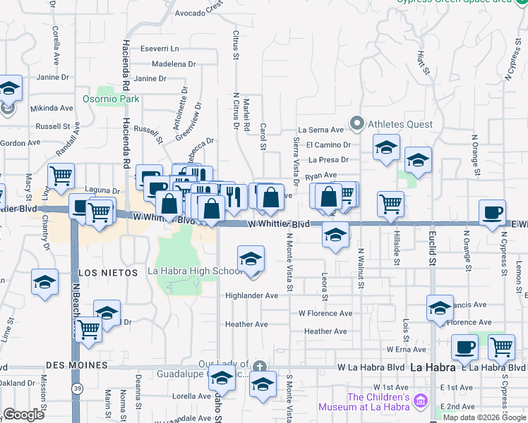 map of restaurants, bars, coffee shops, grocery stores, and more near 832 North Citrus Drive in La Habra