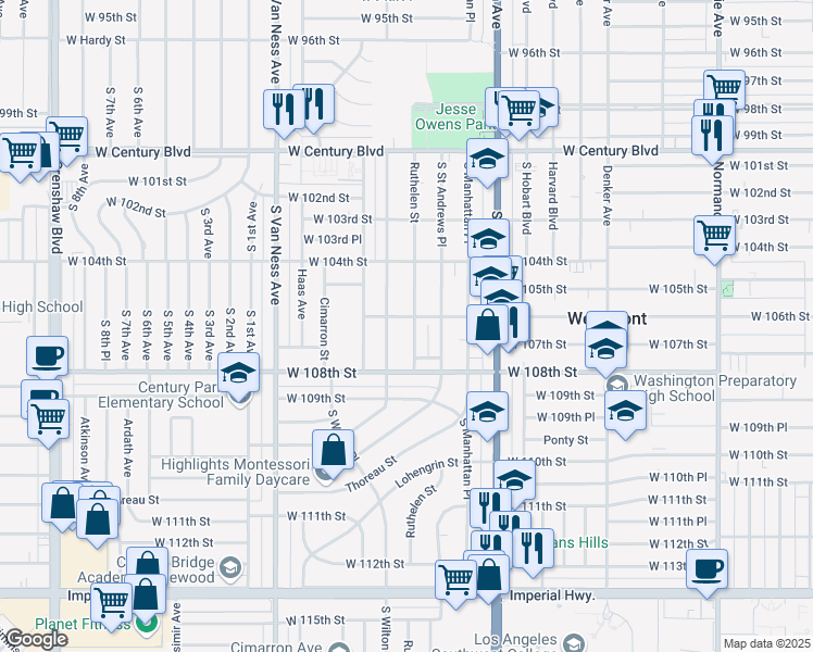 map of restaurants, bars, coffee shops, grocery stores, and more near 10605 Ruthelen Street in Los Angeles