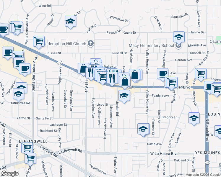 map of restaurants, bars, coffee shops, grocery stores, and more near 16336 Whittier Boulevard in Whittier