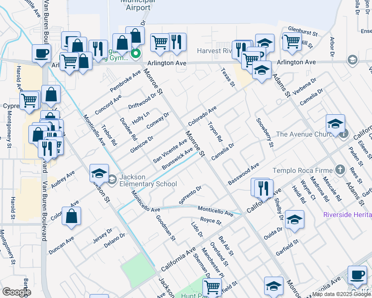 map of restaurants, bars, coffee shops, grocery stores, and more near 8737 Brunswick Avenue in Riverside