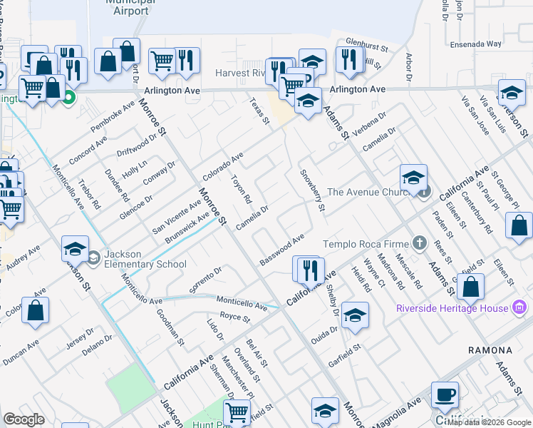 map of restaurants, bars, coffee shops, grocery stores, and more near 8596 Camelia Drive in Riverside