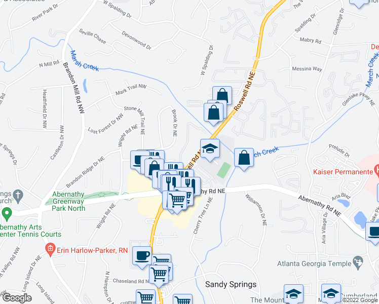 map of restaurants, bars, coffee shops, grocery stores, and more near 6700 Roswell Road in Atlanta