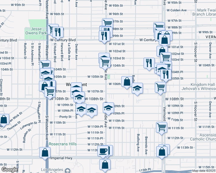 map of restaurants, bars, coffee shops, grocery stores, and more near 1340 West 106th Street in Los Angeles