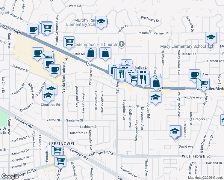 map of restaurants, bars, coffee shops, grocery stores, and more near 16140 Haldane Street in Whittier