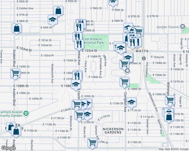 map of restaurants, bars, coffee shops, grocery stores, and more near 1301 East 106th Street in Los Angeles