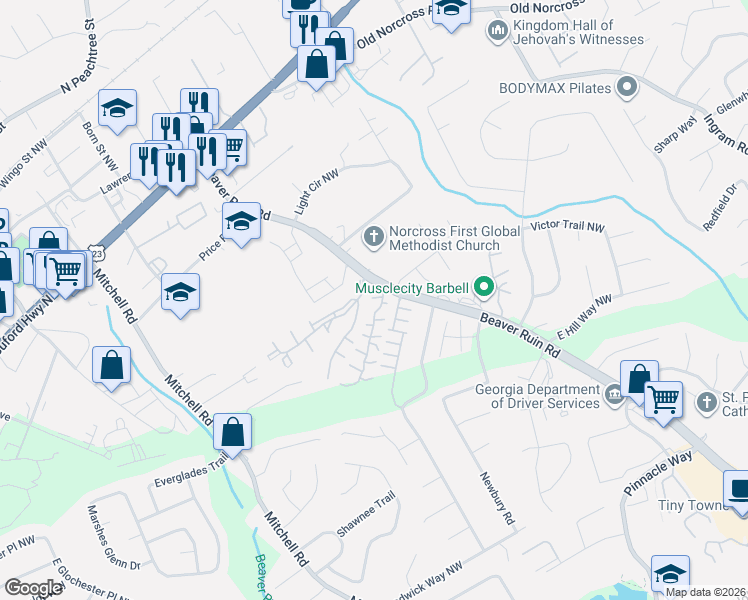 map of restaurants, bars, coffee shops, grocery stores, and more near 2445 Wynhollow Trce in Norcross