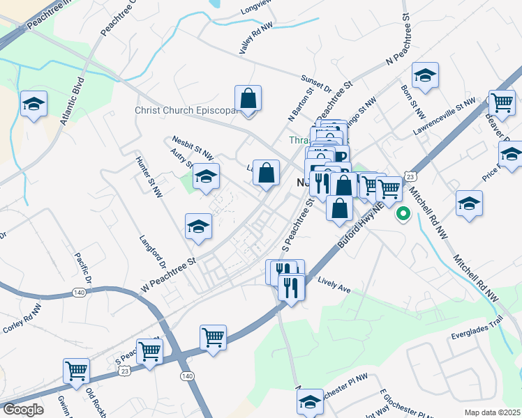 map of restaurants, bars, coffee shops, grocery stores, and more near in Peachtree Corners