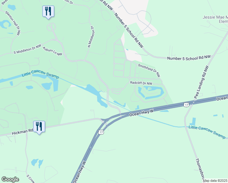 map of restaurants, bars, coffee shops, grocery stores, and more near 8855 Radcliff Drive Northwest in Calabash