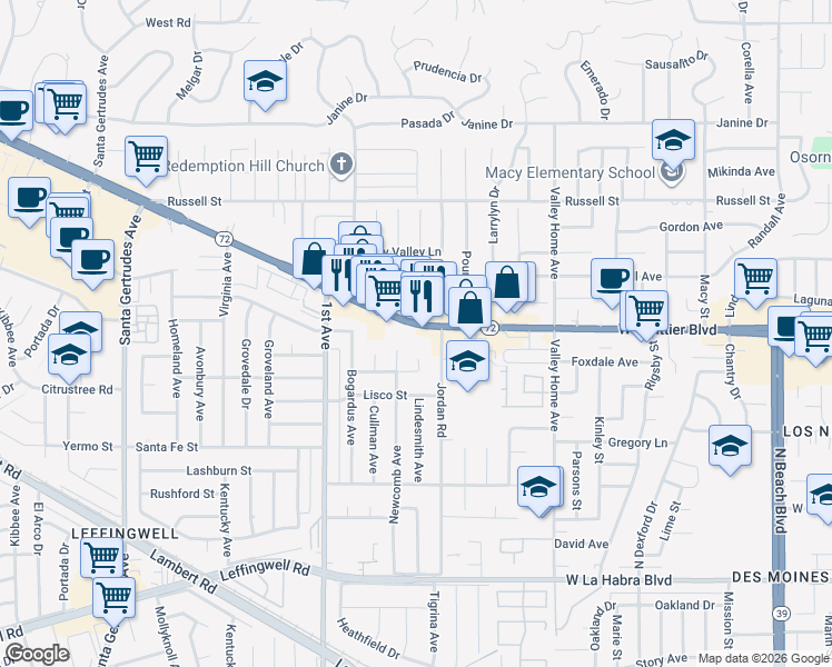map of restaurants, bars, coffee shops, grocery stores, and more near 16315 Whittier Boulevard in Whittier
