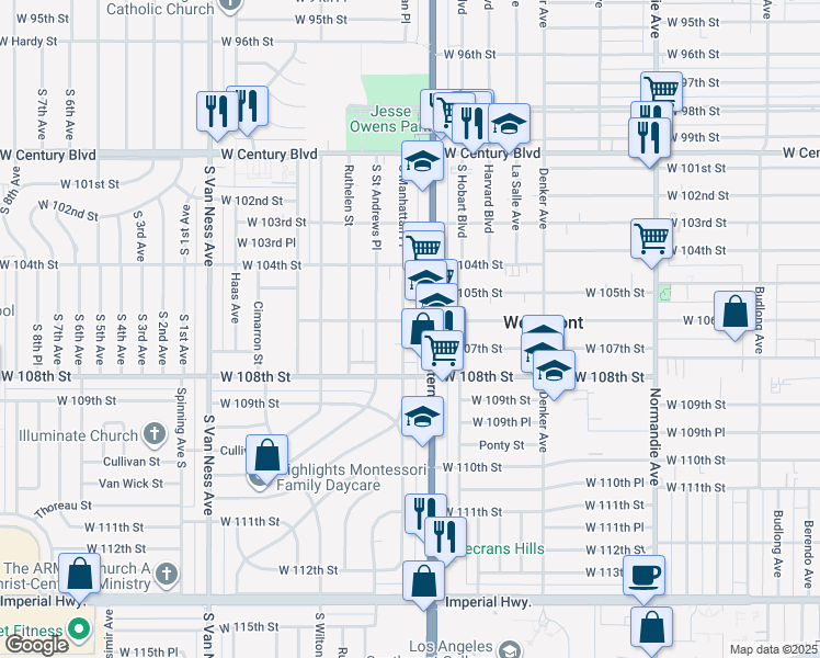 map of restaurants, bars, coffee shops, grocery stores, and more near 10604 South Manhattan Place in Los Angeles