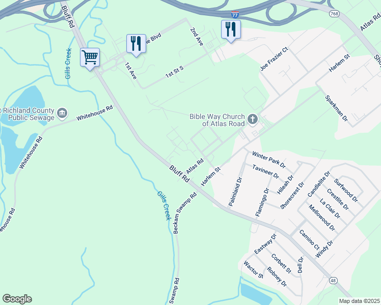 map of restaurants, bars, coffee shops, grocery stores, and more near 2701 Atlas Road in Columbia