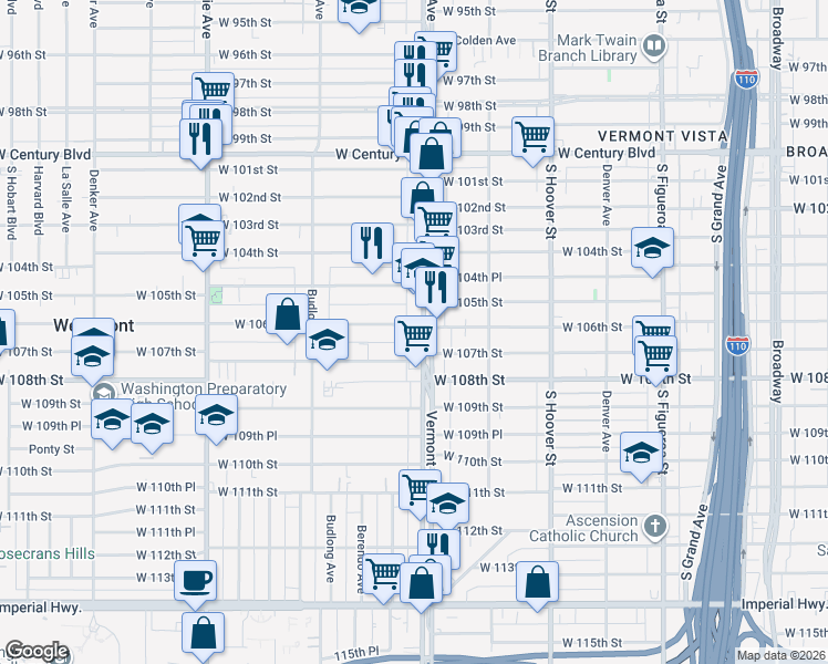 map of restaurants, bars, coffee shops, grocery stores, and more near 10601 South Vermont Avenue in Los Angeles