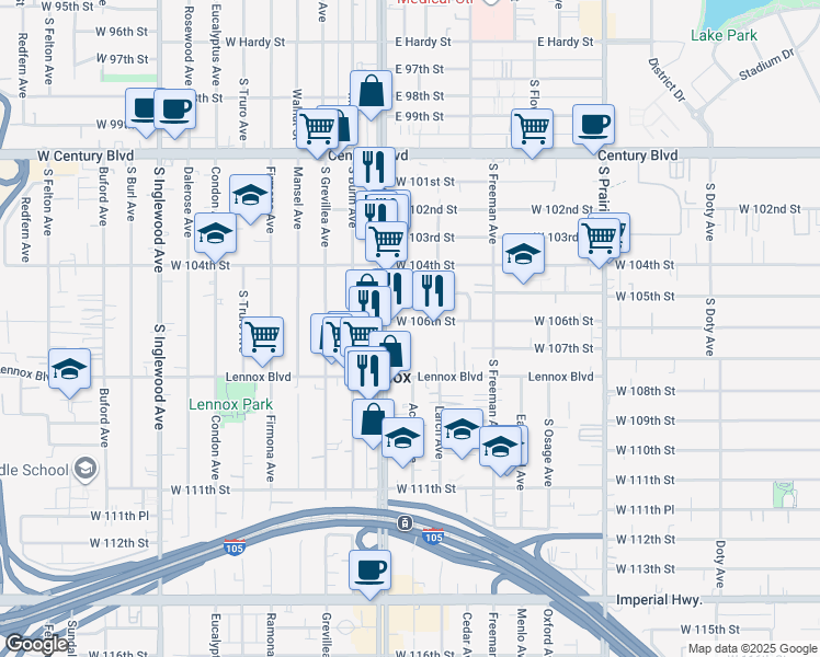 map of restaurants, bars, coffee shops, grocery stores, and more near 4332 West 105th Street in Inglewood