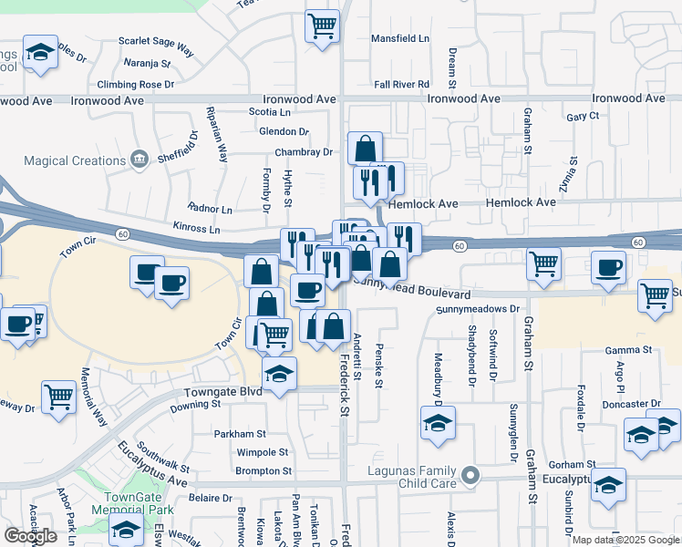 map of restaurants, bars, coffee shops, grocery stores, and more near Frederick St & Pigeon Pass Rd in Moreno Valley