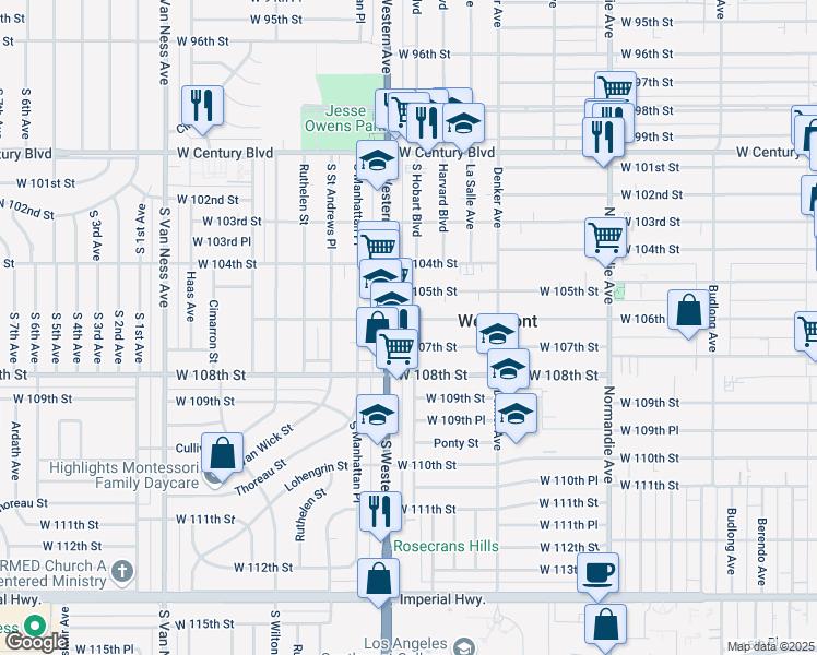 map of restaurants, bars, coffee shops, grocery stores, and more near 1734 West 105th Street in Los Angeles