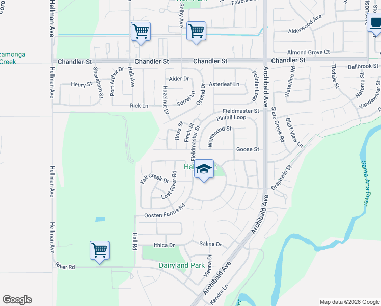 map of restaurants, bars, coffee shops, grocery stores, and more near 8159 Finch Street in Corona