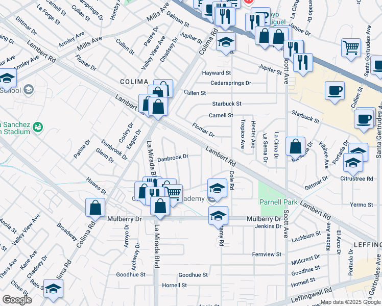 map of restaurants, bars, coffee shops, grocery stores, and more near 10403 Dalmation Avenue in Whittier