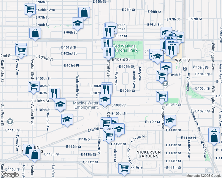 map of restaurants, bars, coffee shops, grocery stores, and more near 10616 South Central Avenue in Los Angeles