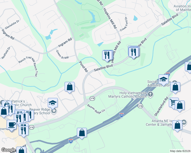 map of restaurants, bars, coffee shops, grocery stores, and more near 4672 Satellite Boulevard in Duluth