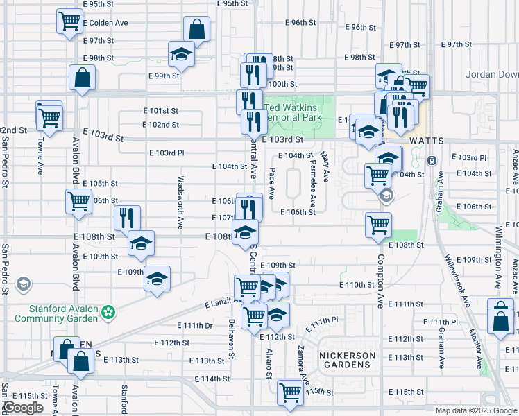 map of restaurants, bars, coffee shops, grocery stores, and more near 10616 South Central Avenue in Los Angeles