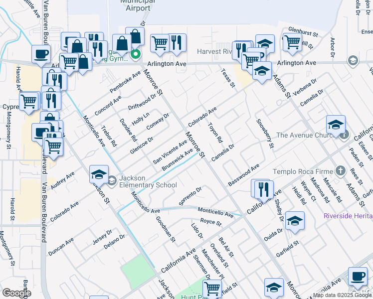 map of restaurants, bars, coffee shops, grocery stores, and more near 8737 Brunswick Avenue in Riverside