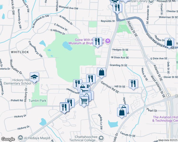 map of restaurants, bars, coffee shops, grocery stores, and more near 518 Coral Street in Marietta