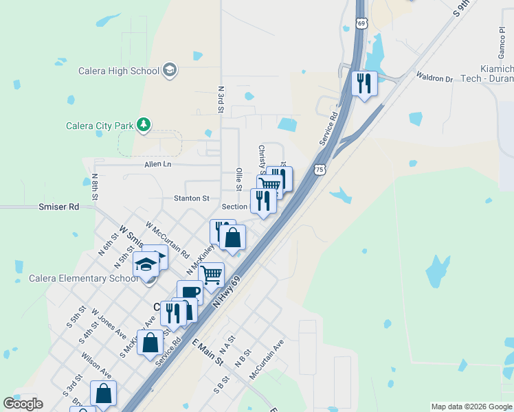 map of restaurants, bars, coffee shops, grocery stores, and more near 813 Christy Street in Calera