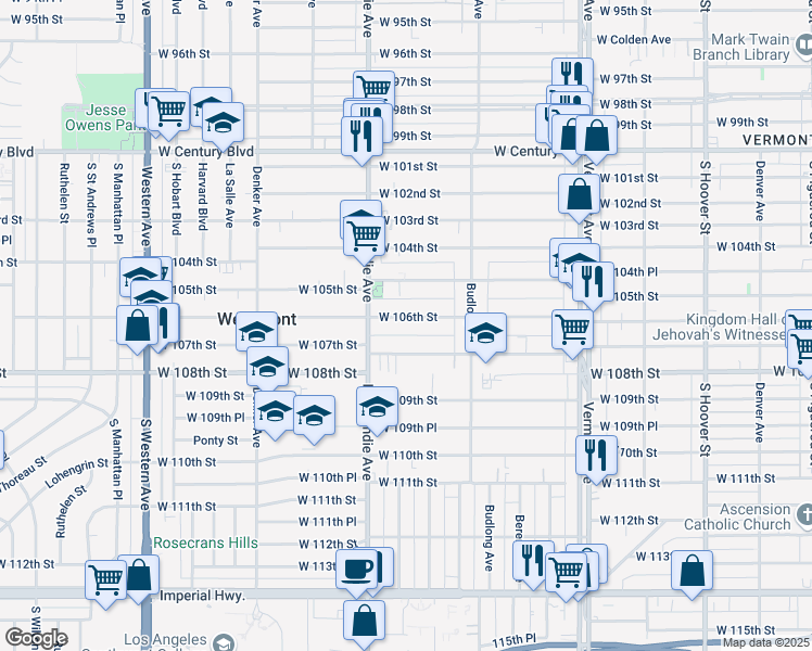 map of restaurants, bars, coffee shops, grocery stores, and more near 1314 West 106th Street in Los Angeles