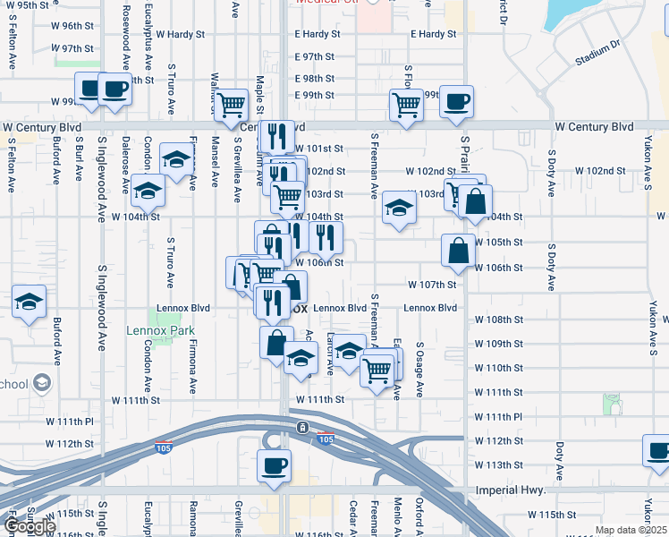 map of restaurants, bars, coffee shops, grocery stores, and more near 4246 West 105th Street in Lennox