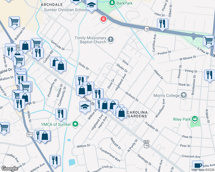 map of restaurants, bars, coffee shops, grocery stores, and more near 224 Jackson Street in Sumter