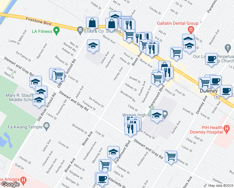 map of restaurants, bars, coffee shops, grocery stores, and more near 11648 Rives Avenue in Downey