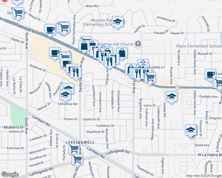 map of restaurants, bars, coffee shops, grocery stores, and more near 10513 Grovedale Drive in Whittier
