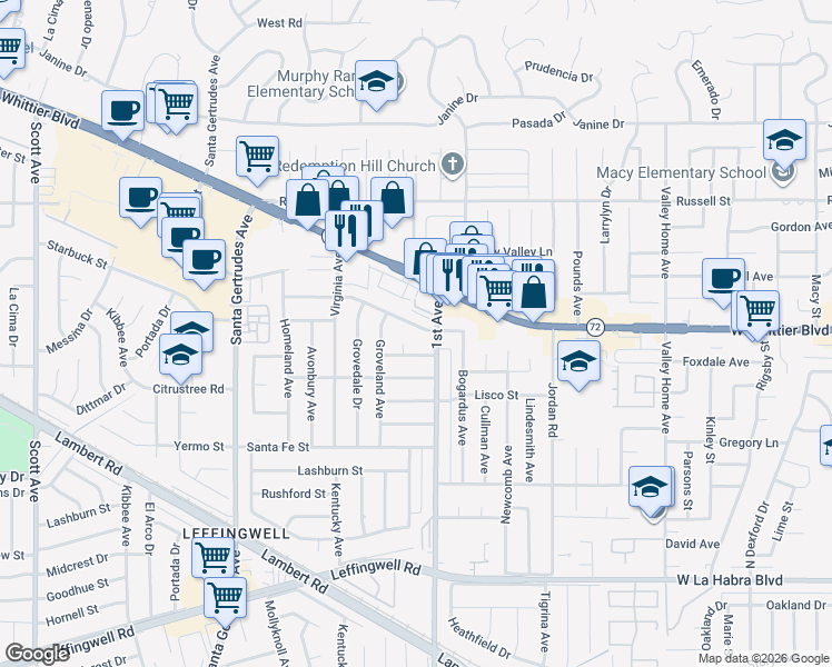 map of restaurants, bars, coffee shops, grocery stores, and more near 16140 Haldane Street in Whittier